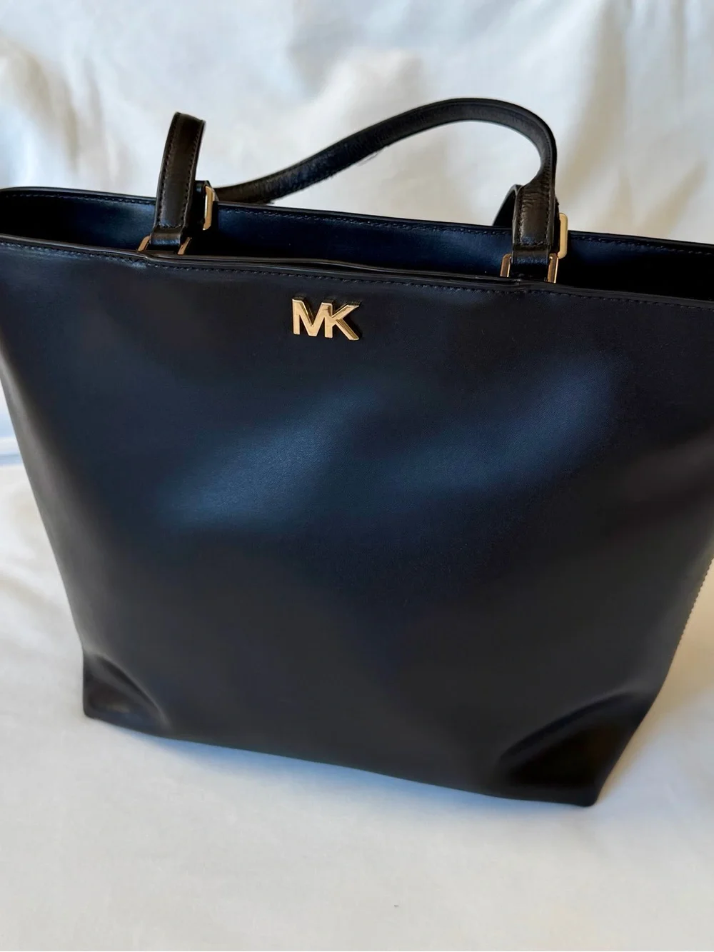 Michael Kors Black Leather Tote with Gold MK Emblem
